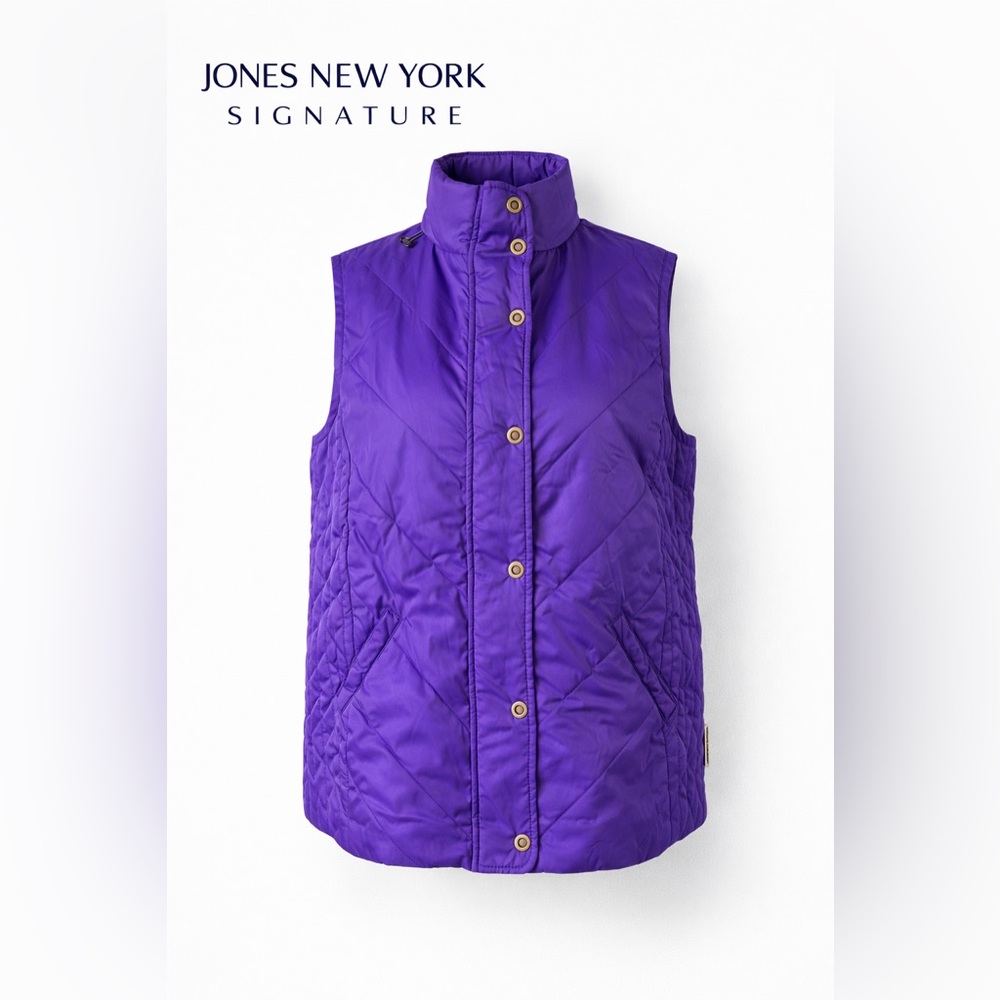 Jones New York Purple Quilted Snap-Front Vest with Stand Collar